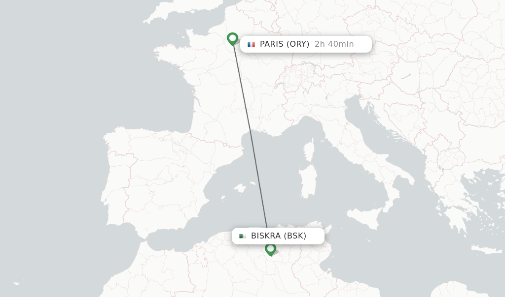 Flights from Biskra to Paris route map