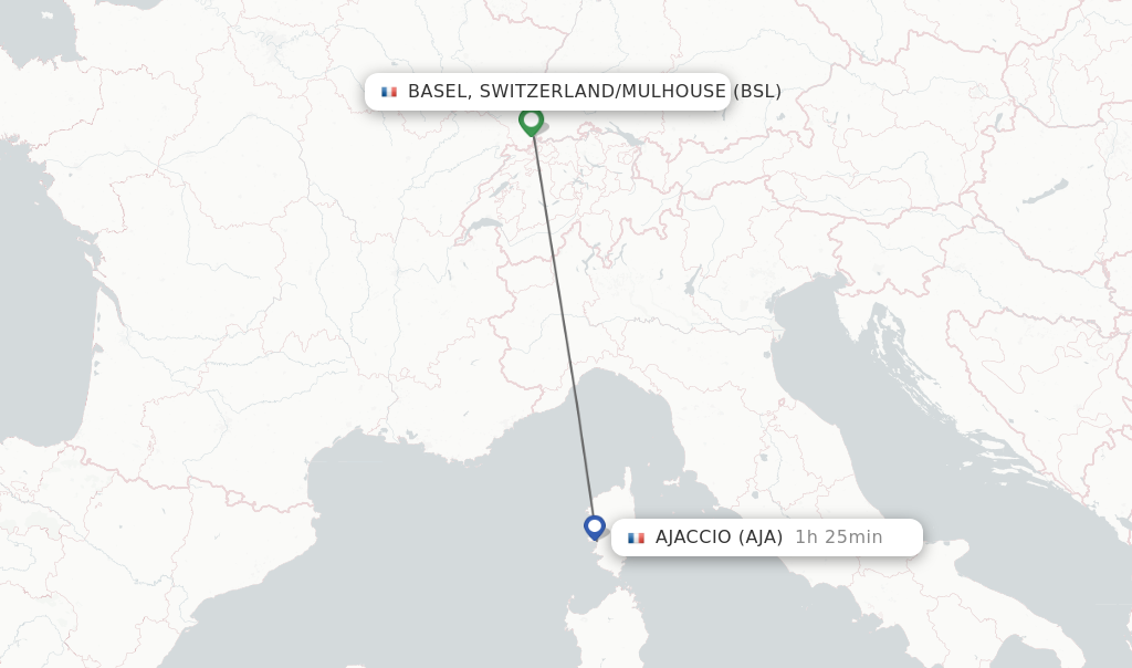 Flights from Basel, Switzerland/Mulhouse to Ajaccio route map