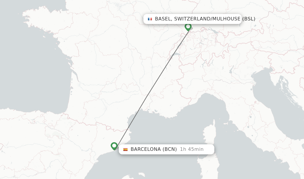Flights from Basel, Switzerland/Mulhouse to Barcelona route map