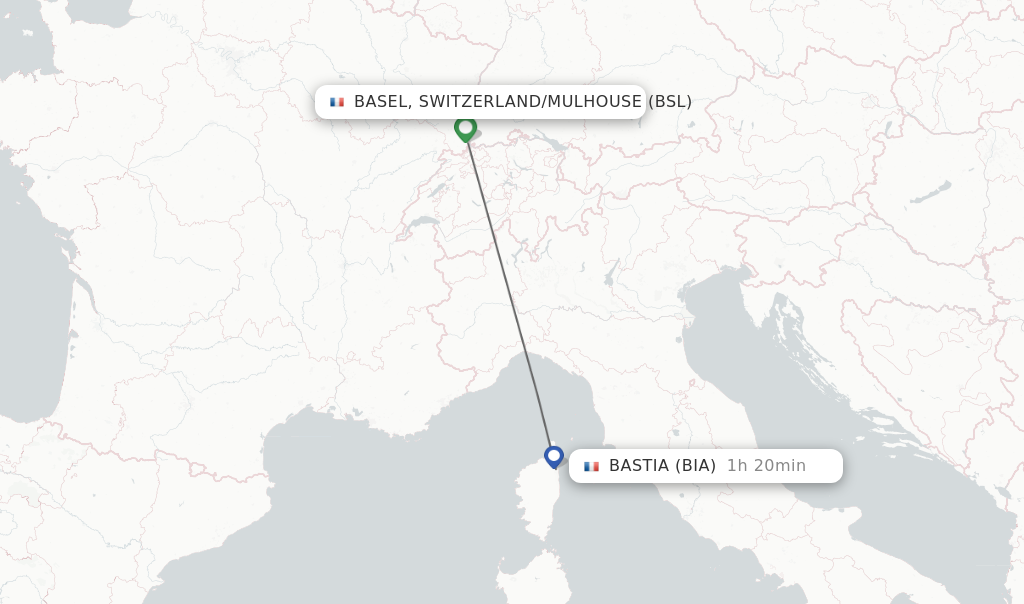 Flights from Basel, Switzerland/Mulhouse to Bastia route map