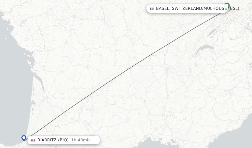 Flights from Basel, Switzerland/Mulhouse to Biarritz route map