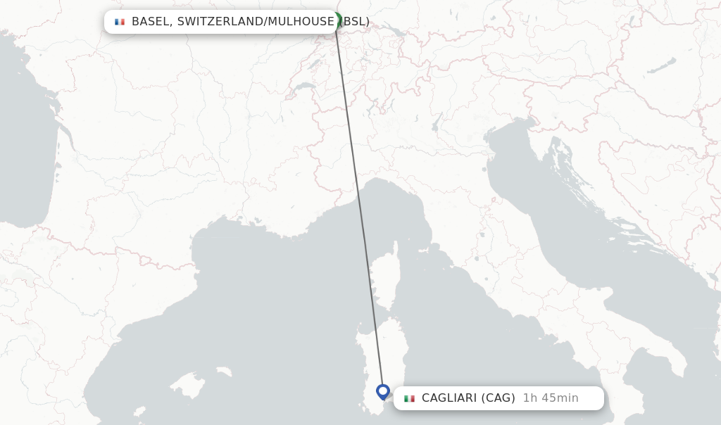 Flights from Basel, Switzerland/Mulhouse to Cagliari route map