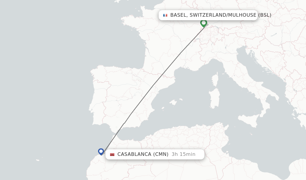 Flights from Basel, Switzerland/Mulhouse to Casablanca route map