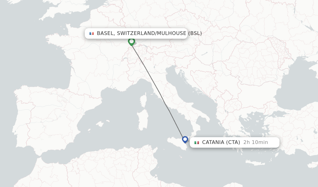 Flights from Basel, Switzerland/Mulhouse to Catania route map