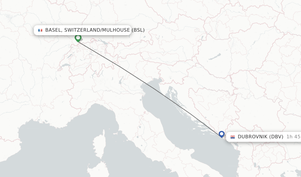 Flights from Basel, Switzerland/Mulhouse to Dubrovnik route map