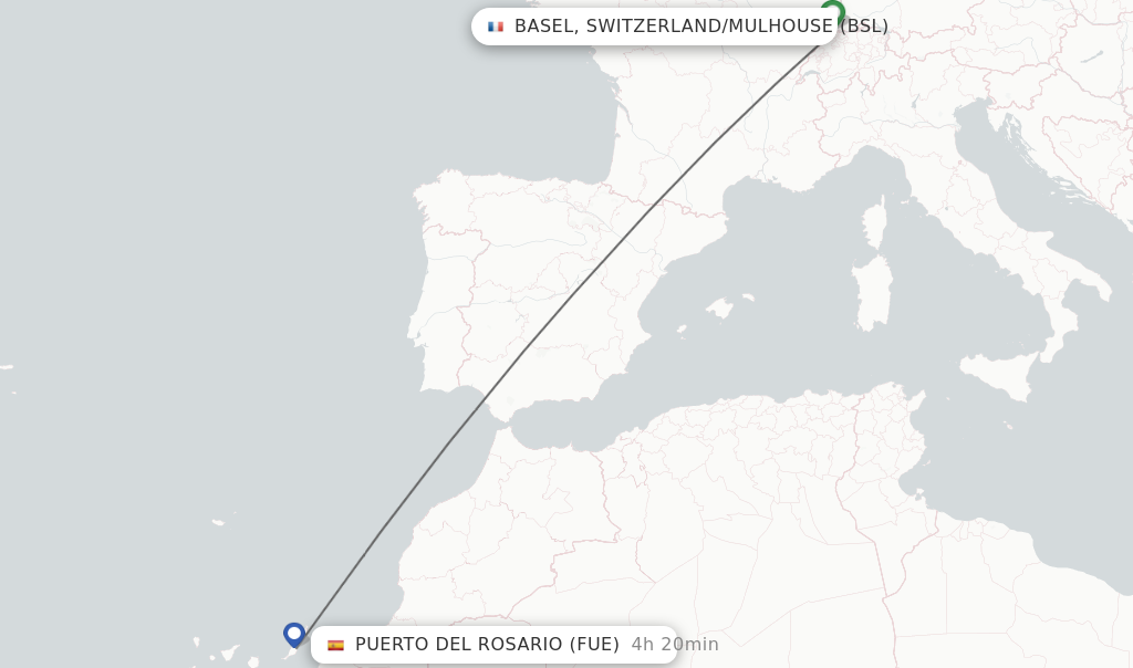 Flights from Basel, Switzerland/Mulhouse to Puerto del Rosario route map