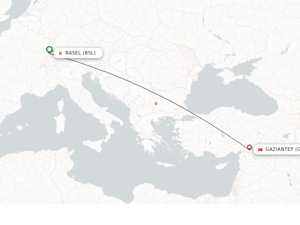 Flights from Basel, Switzerland/Mulhouse to Gaziantep route map