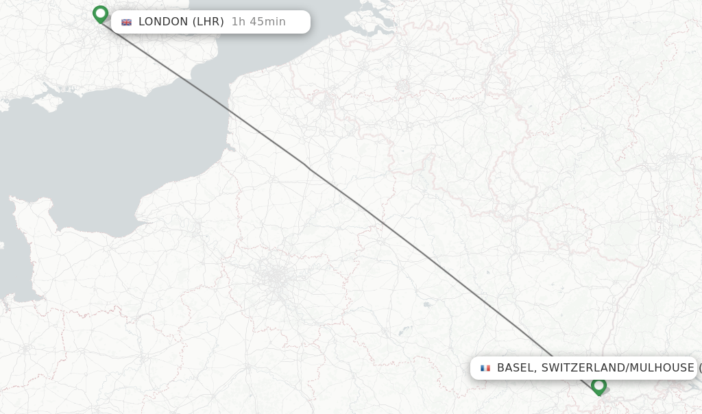 Flights from Basel, Switzerland/Mulhouse to London route map