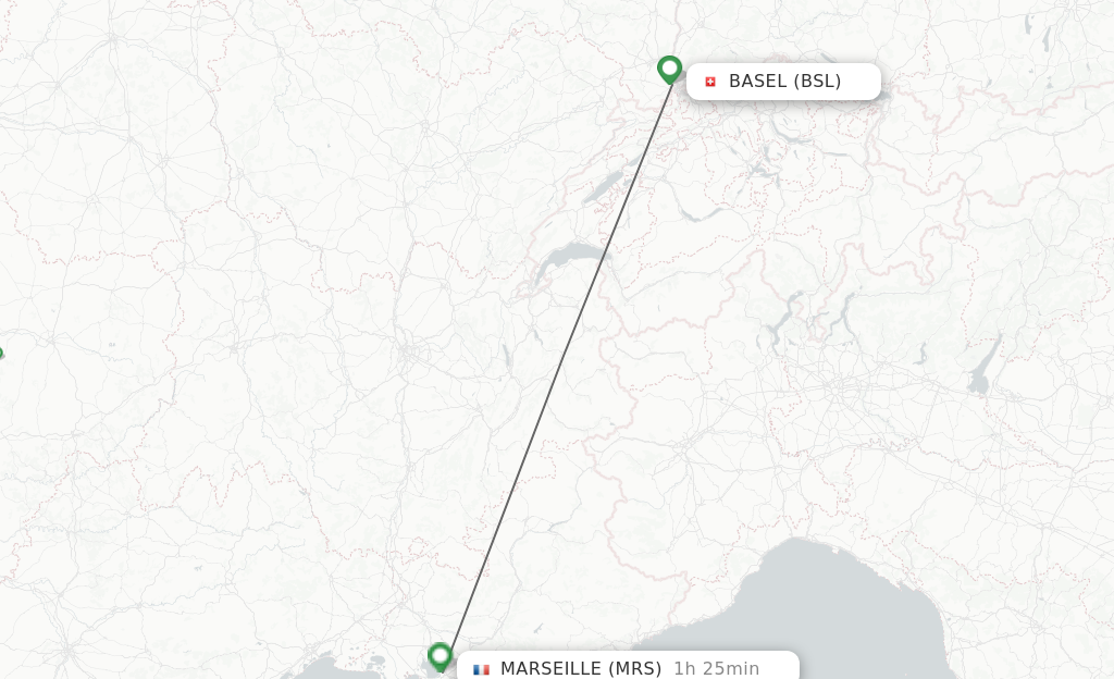 Flights from Basel, Switzerland/Mulhouse to Marseille route map