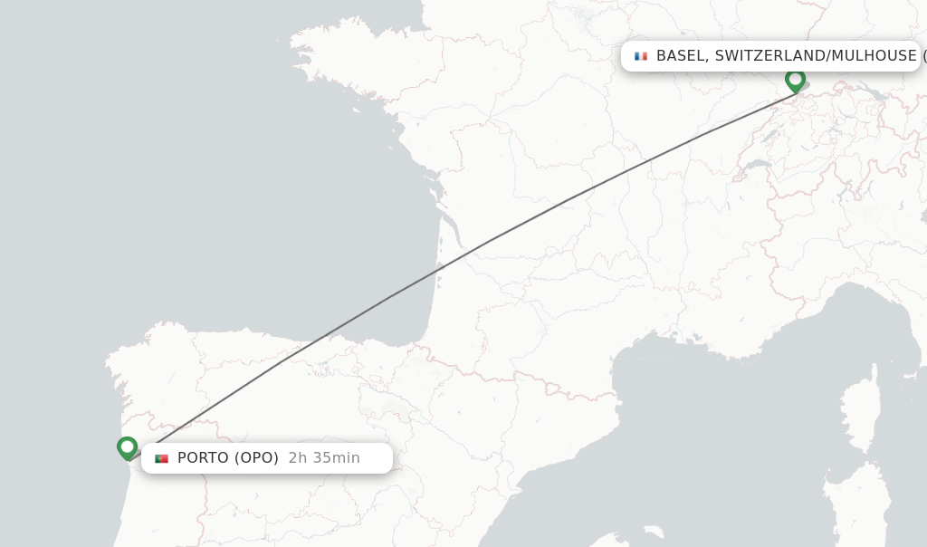 Flights from Basel, Switzerland/Mulhouse to Porto route map