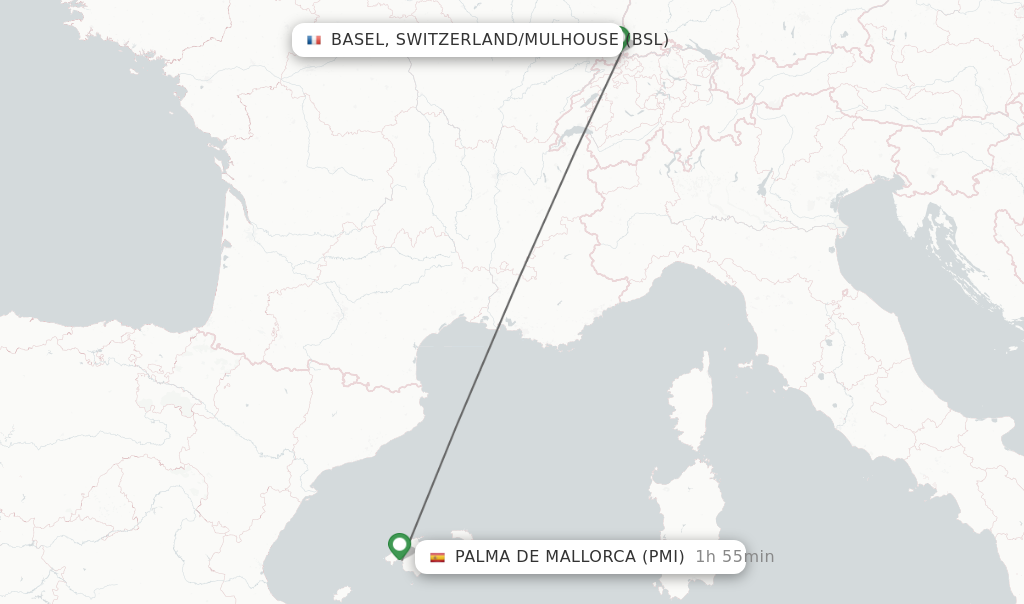 Flights from Basel, Switzerland/Mulhouse to Palma de Mallorca route map