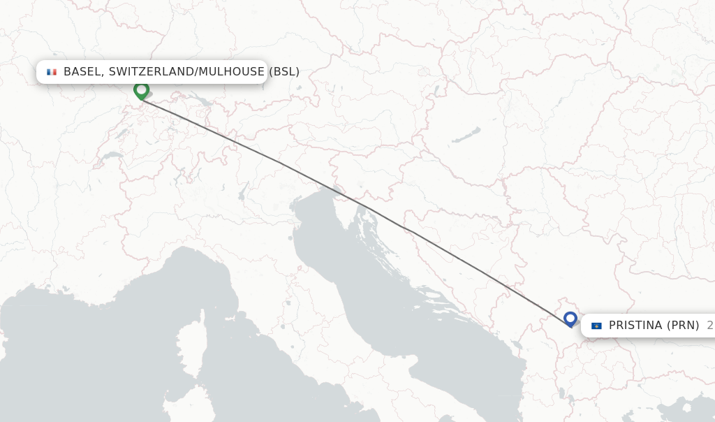Flights from Basel, Switzerland/Mulhouse to Pristina route map