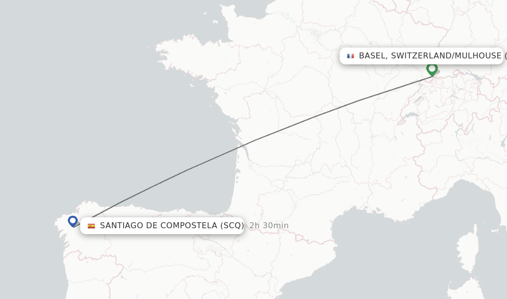 Flights from Basel, Switzerland/Mulhouse to Santiago De Compostela route map