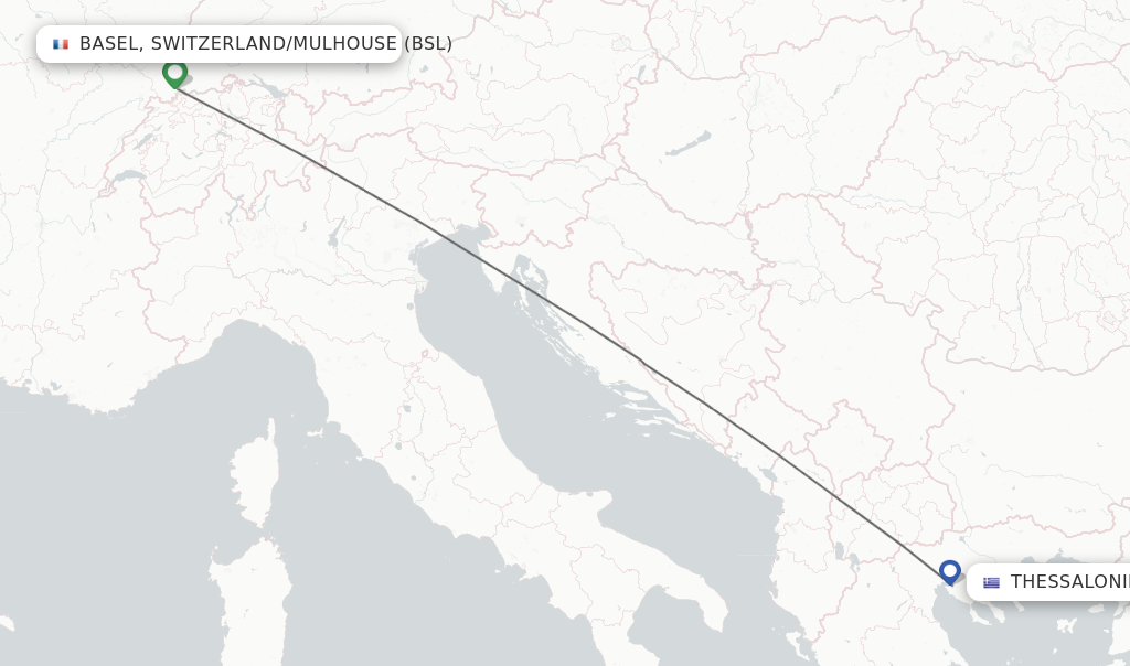 Flights from Basel, Switzerland/Mulhouse to Thessaloniki route map