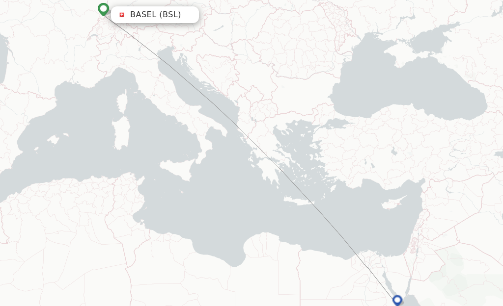 Route map with flights from Basel, Switzerland/Mulhouse with Air Cairo