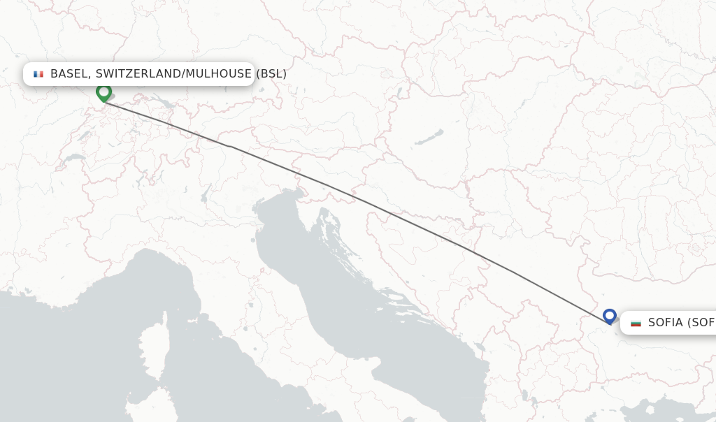 Flights from Basel, Switzerland/Mulhouse to Sofia route map