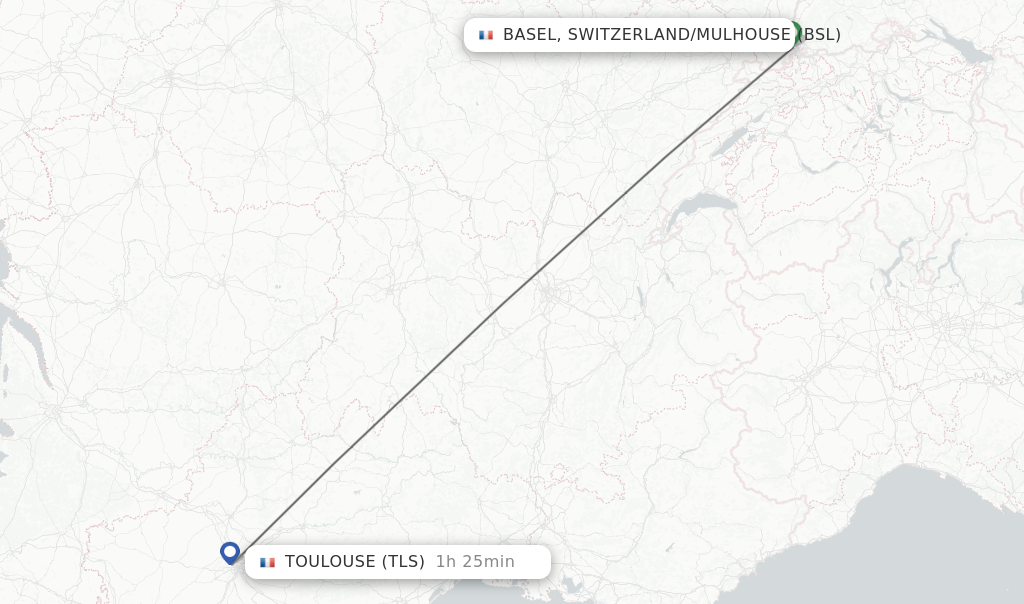 Flights from Basel, Switzerland/Mulhouse to Toulouse route map