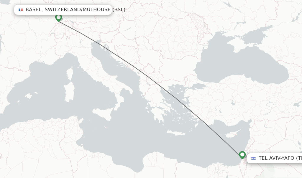 Flights from Basel, Switzerland/Mulhouse to Tel Aviv-Yafo route map
