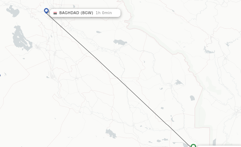 Flights from Basrah to Baghdad route map