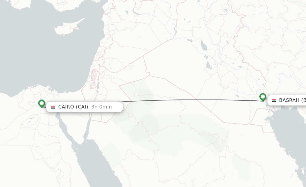 Flights from Basrah to Cairo route map