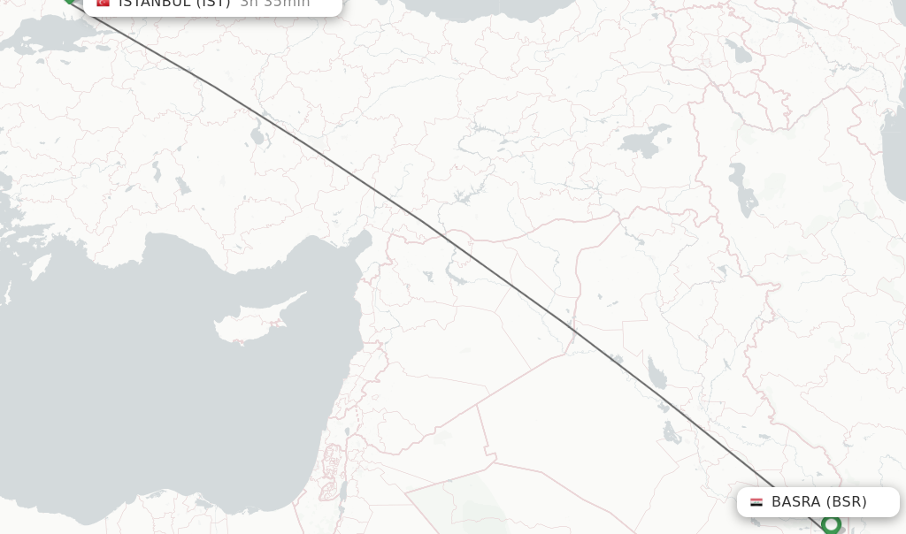Flights from Basra to Istanbul route map
