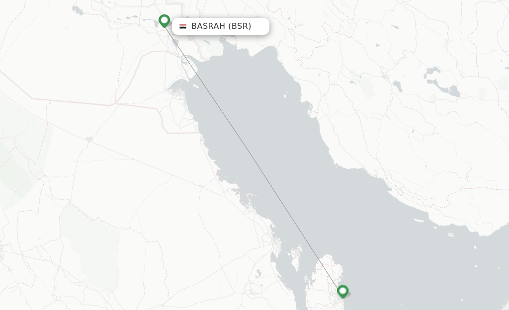 Route map with flights from Basrah with Qatar Airways