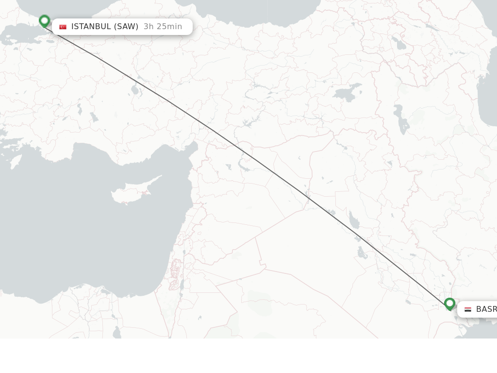 Flights from Basra to Istanbul route map