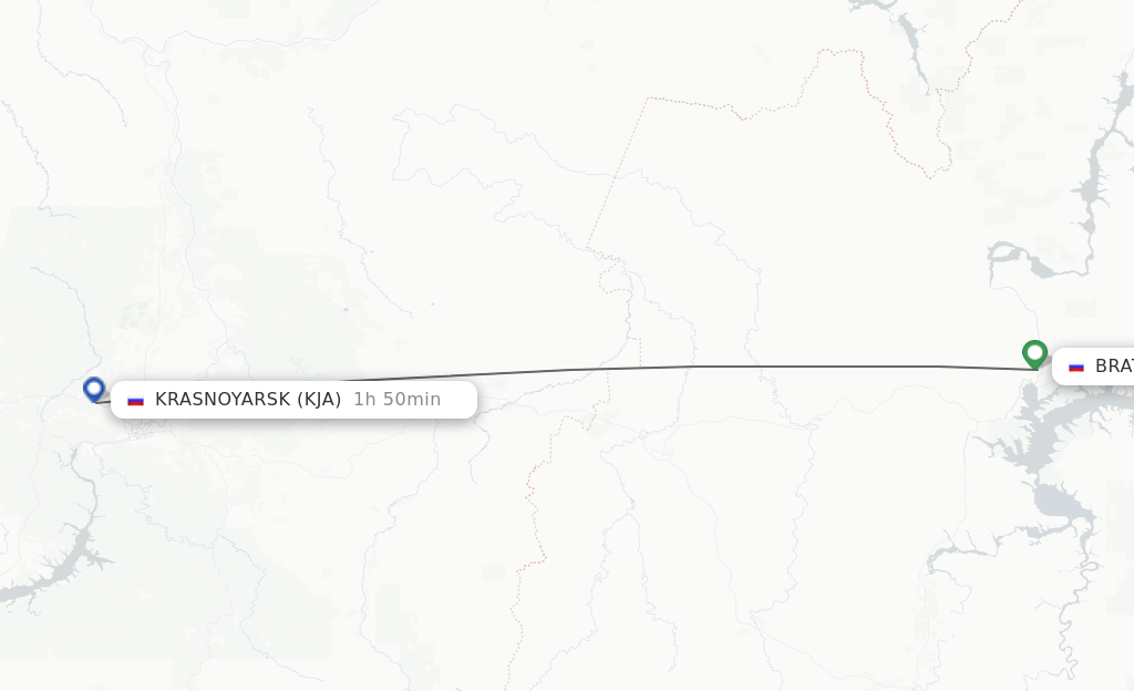 Flights from Krasnojarsk to Bratsk route map