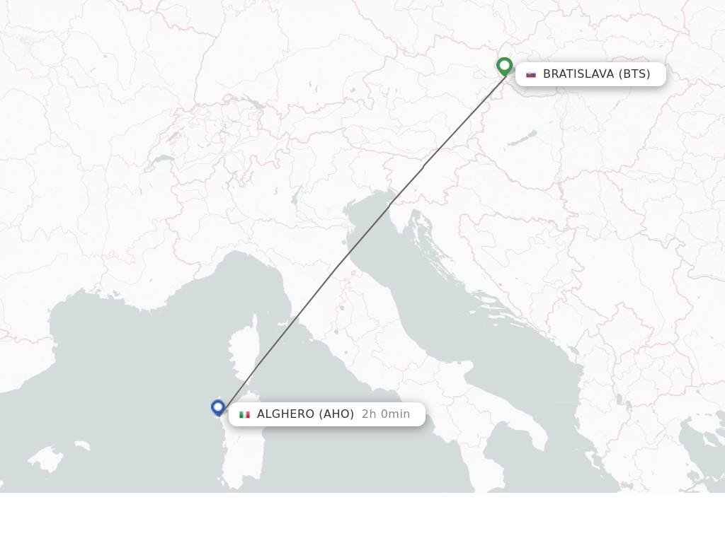 Flights from Bratislava to Alghero route map