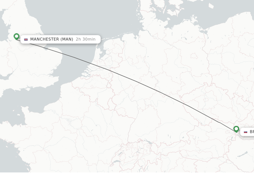 Flights from Bratislava to Manchester route map