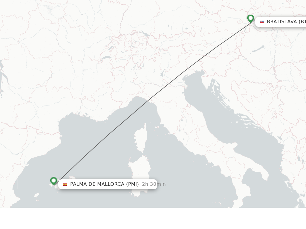 Flights from Bratislava to Palma De Mallorca route map