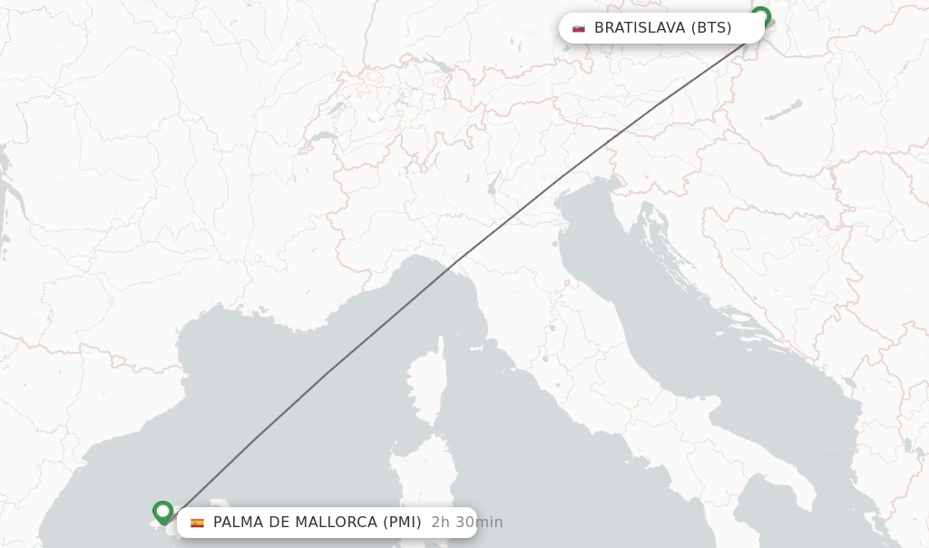 Flights from Bratislava to Palma de Mallorca route map