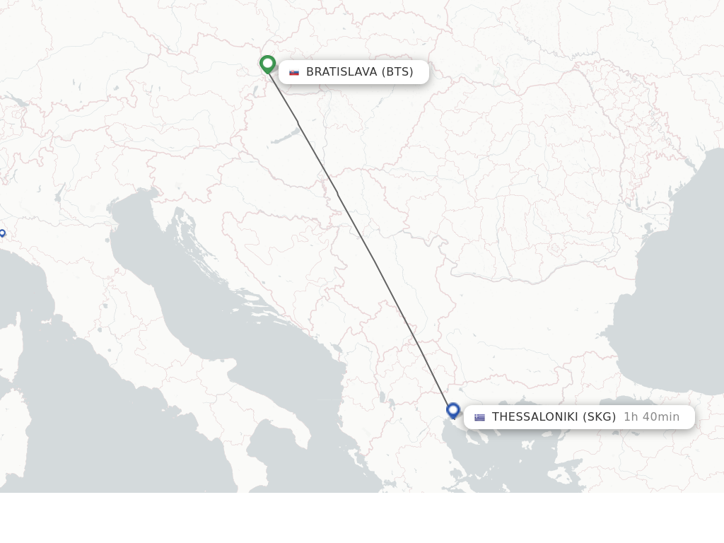 Flights from Thessaloniki to Bratislava route map