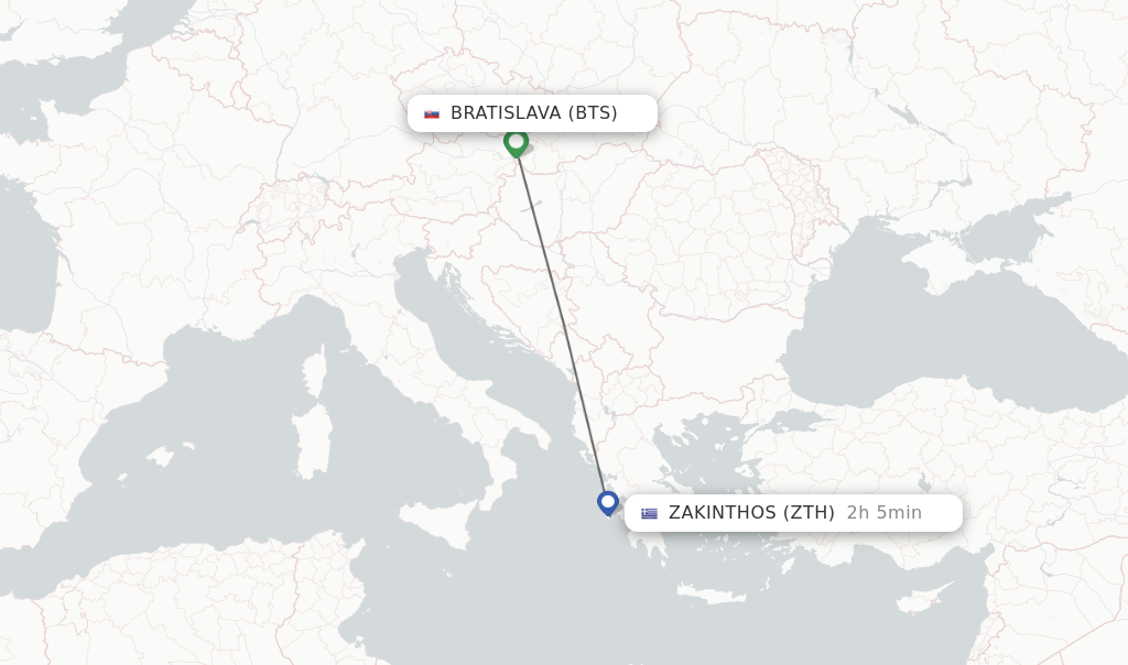 Flights from Bratislava to Zakinthos route map
