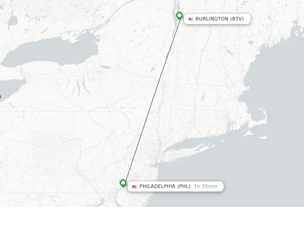 Flights from Burlington to Philadelphia route map
