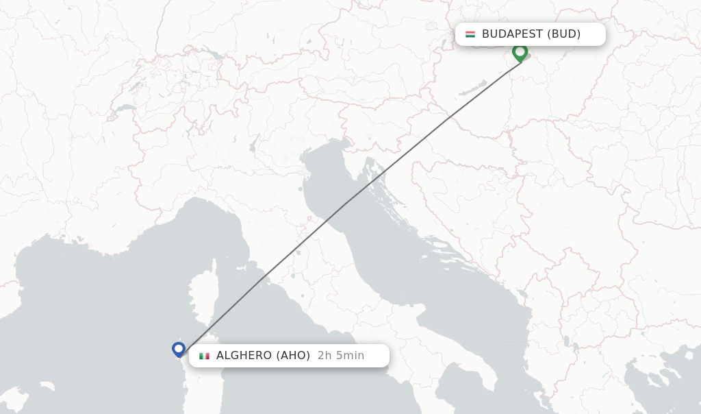 Flights from Budapest to Alghero route map
