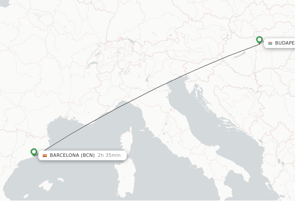 Flights from Budapest to Barcelona route map