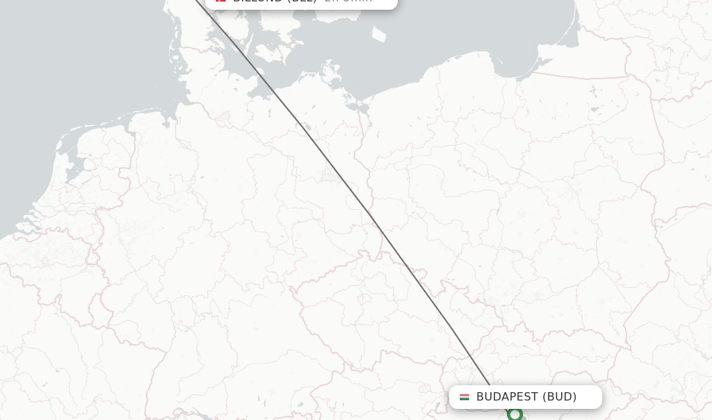 Flights from Budapest to Billund route map