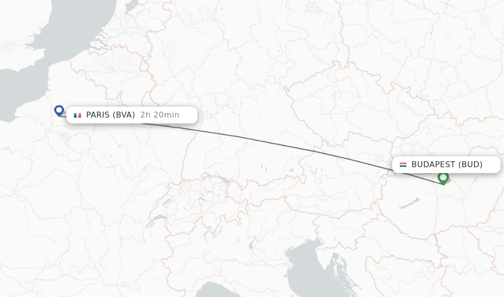 Flights from Budapest to Paris route map