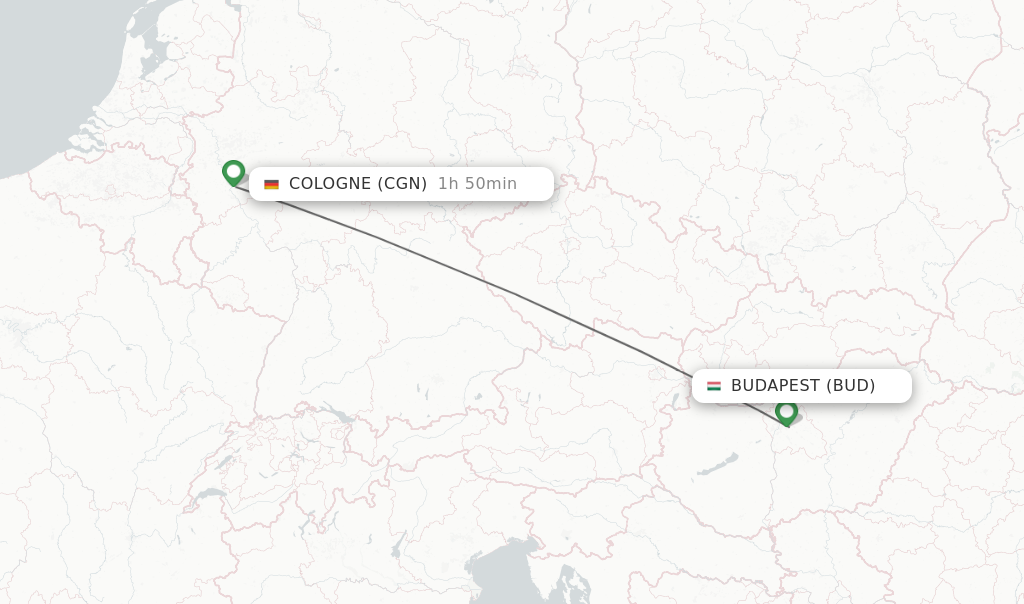 Flights from Budapest to Cologne route map