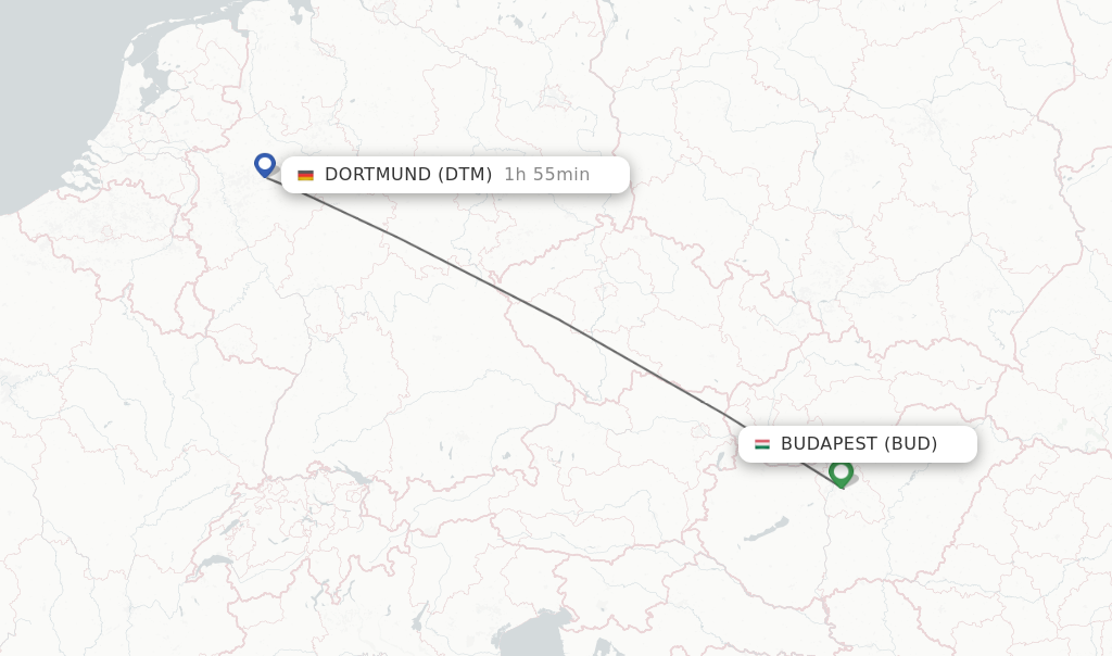 Flights from Budapest to Dortmund route map