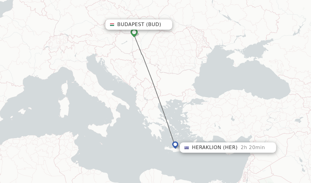 Flights from Budapest to Heraklion route map
