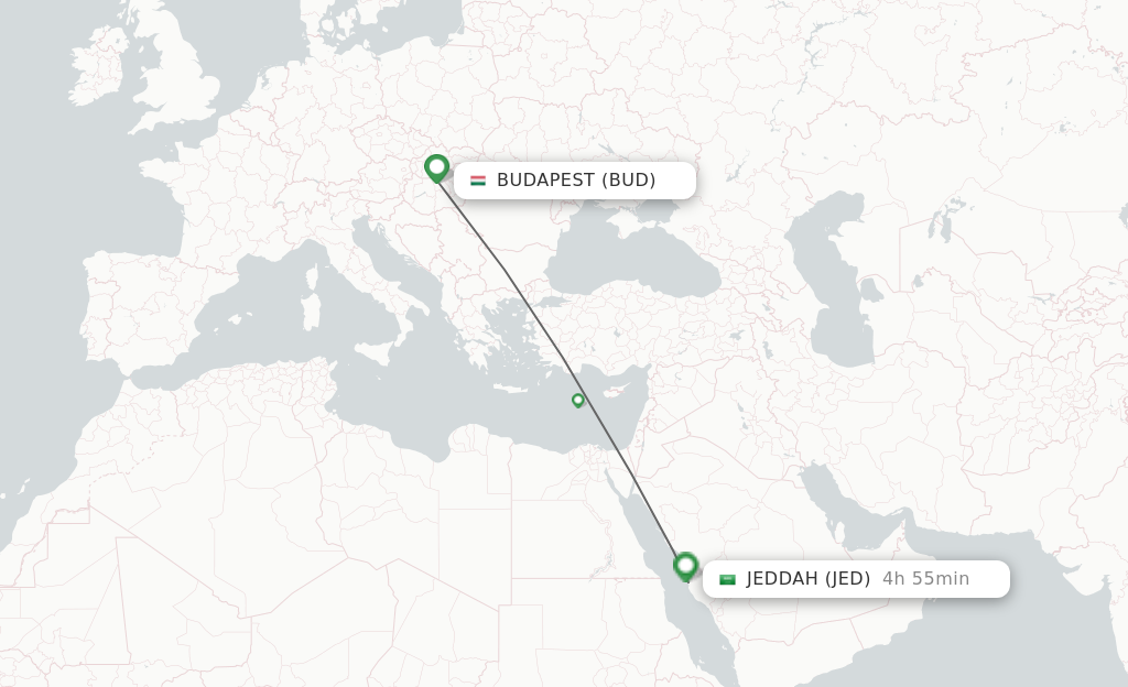 Flights from Budapest to Jeddah route map