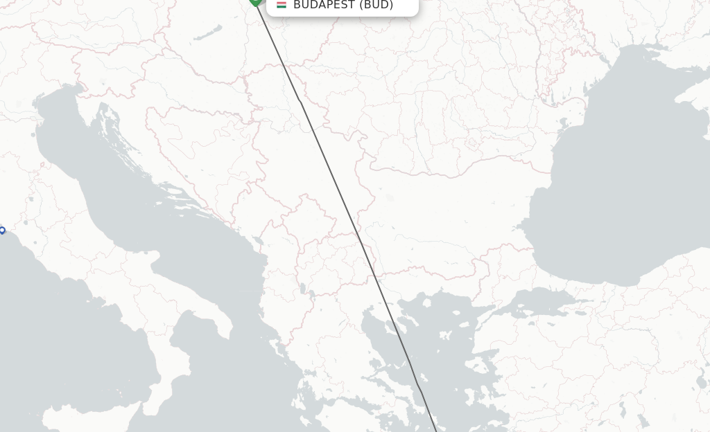 Flights from Budapest to Thira route map