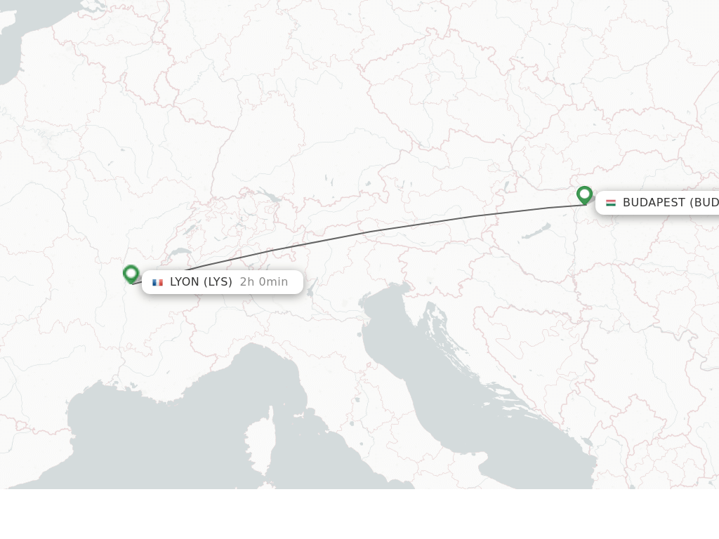 Flights from Lyon to Budapest route map