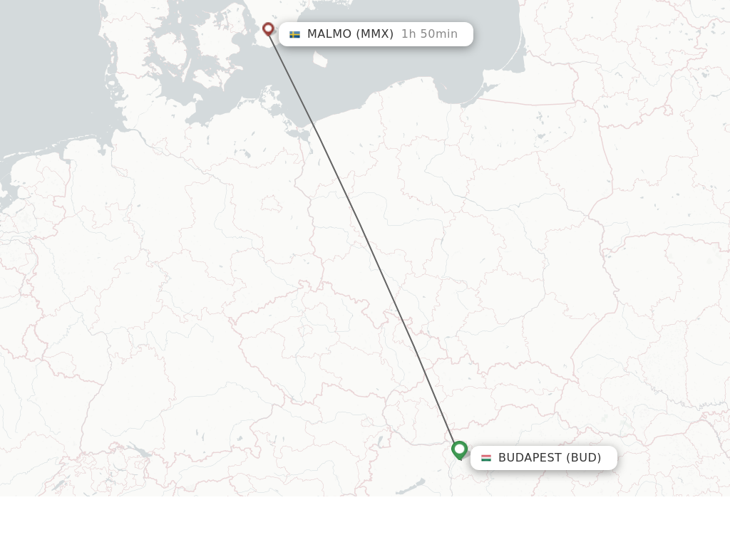 Flights from Malmo to Budapest route map