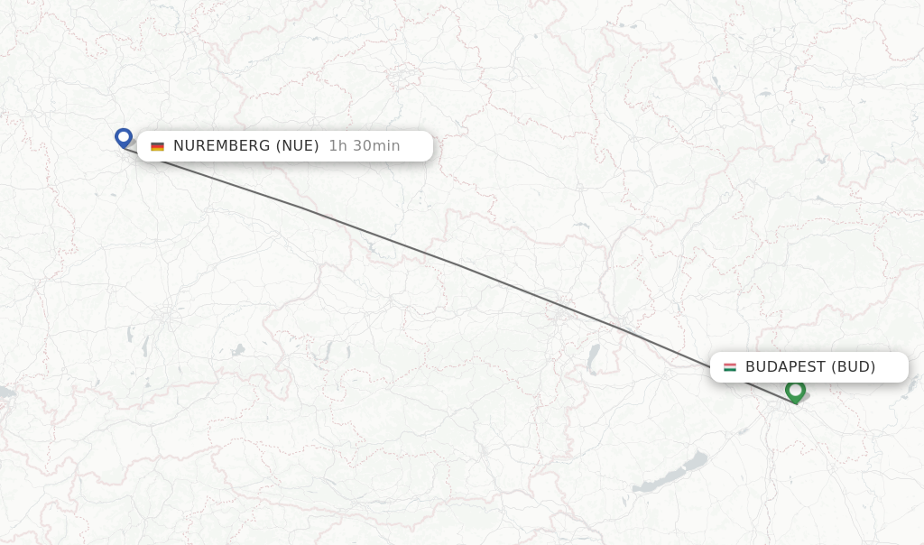 Flights from Budapest to Nuremberg route map