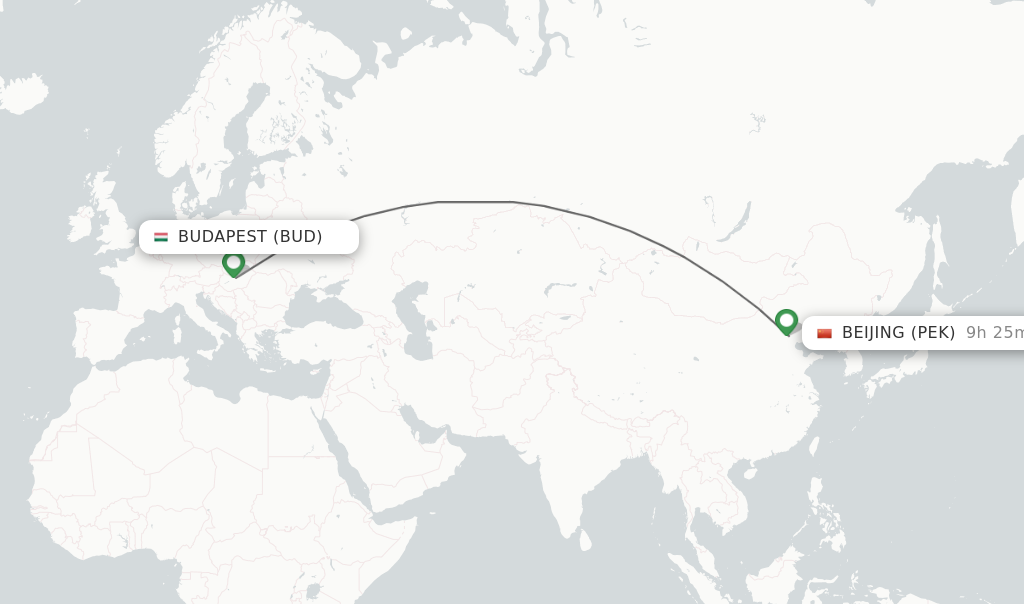 Flights from Budapest to Beijing route map