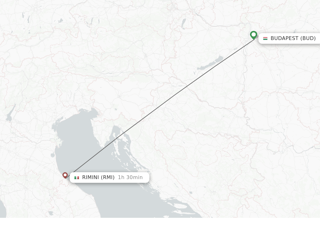 Flights from Budapest to Rimini route map