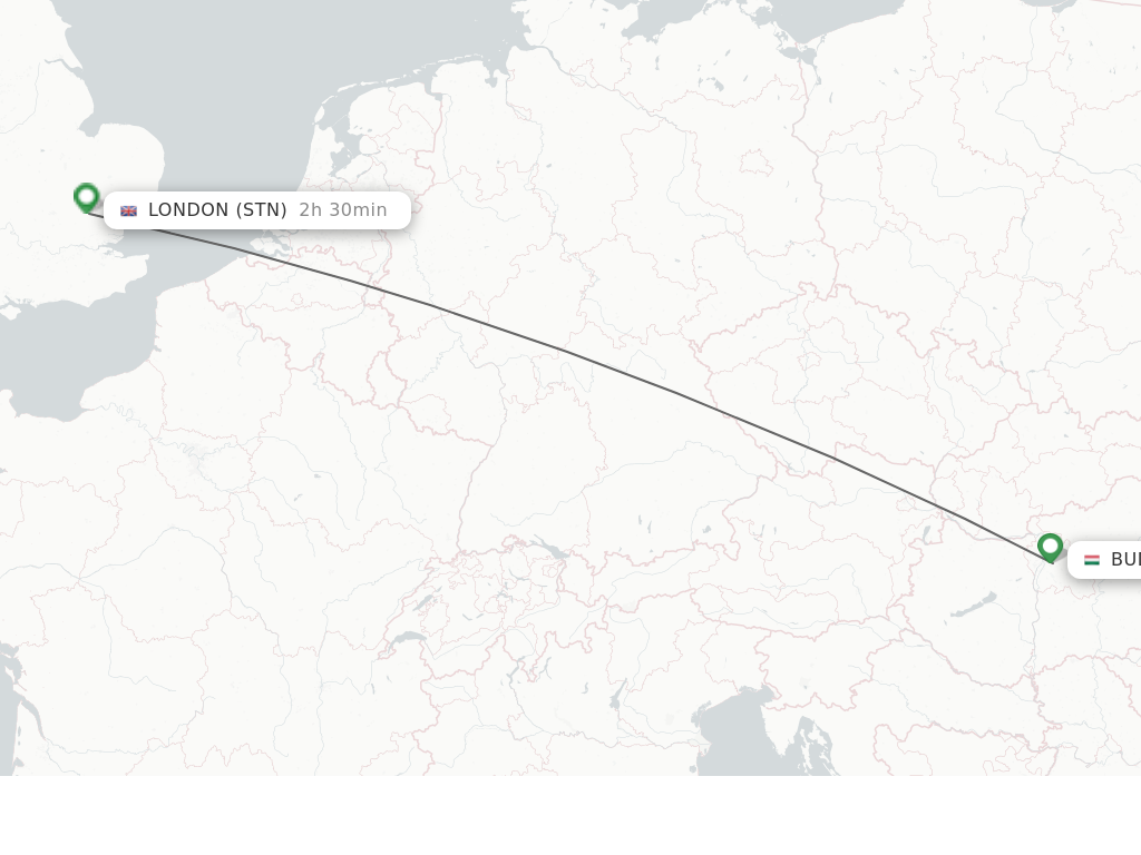 Flights from Budapest to London route map